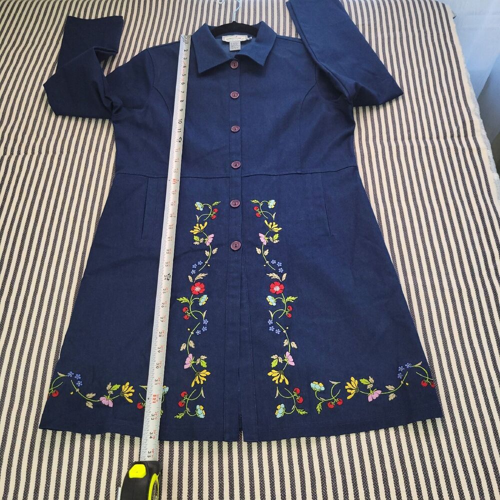 Vintage Mia Nola Womens M Dark Blue Floral Embroidered Shirt Dress With Pockets - Picture 8 of 13